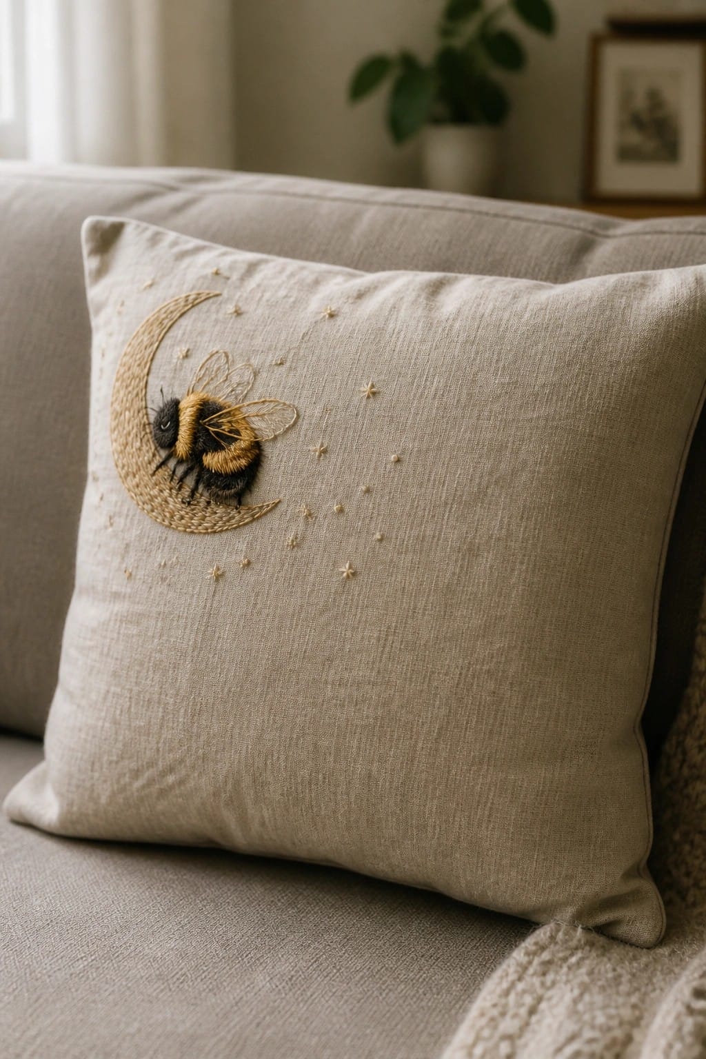 A beige pillow with embroidery of a bee on a crescent moon and scattered stars.