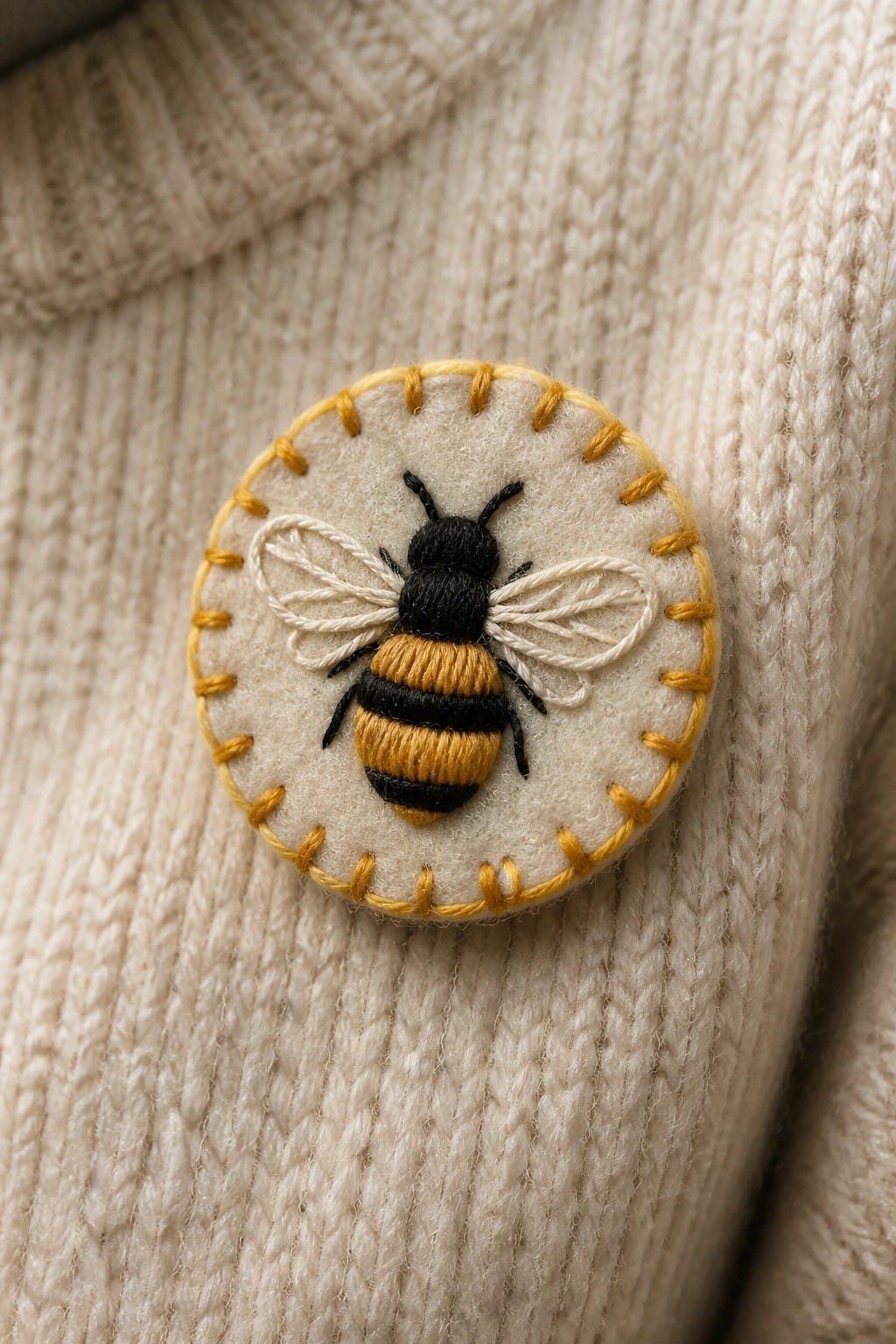Bee embroidered in black and yellow stripes with white wings on a round cream felt patch edged in yellow, pinned to a white knit sweater.