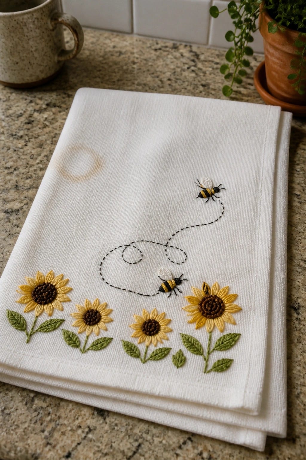 White napkin embroidered with sunflowers, bees, and a looping dashed flight path.