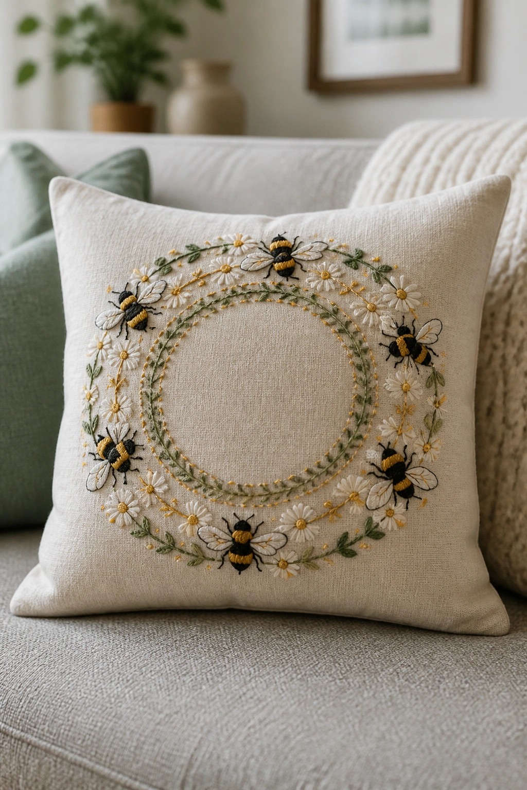 White fabric square with embroidered bees, flowers, and clover leaves connected by a green vine along the left and bottom edges.