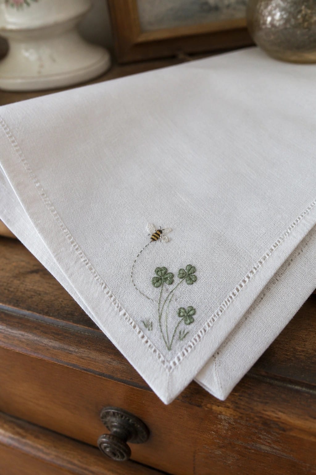 White linen napkin with embroidered bee and clovers on wooden table