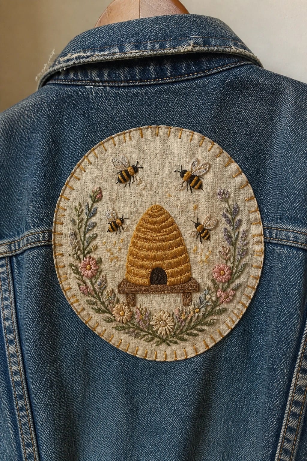 Blue denim jacket with circular embroidered patch of beehive, bees, and flowers.