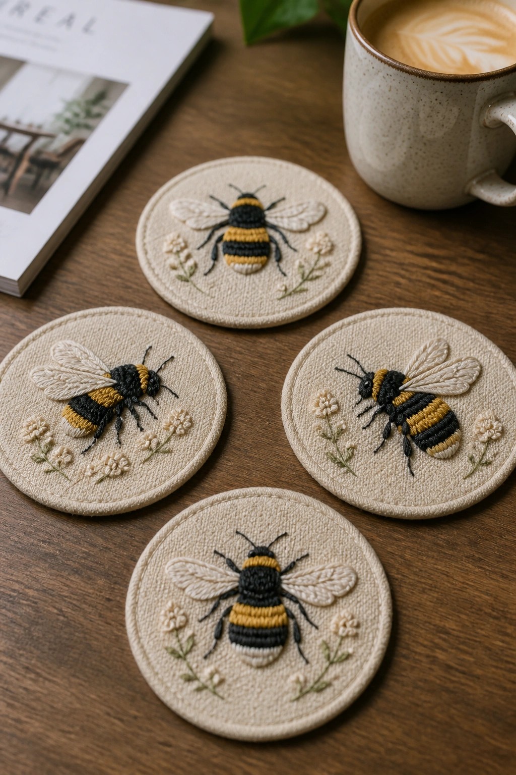 White face mask embroidered with three bees and green leaves on wood