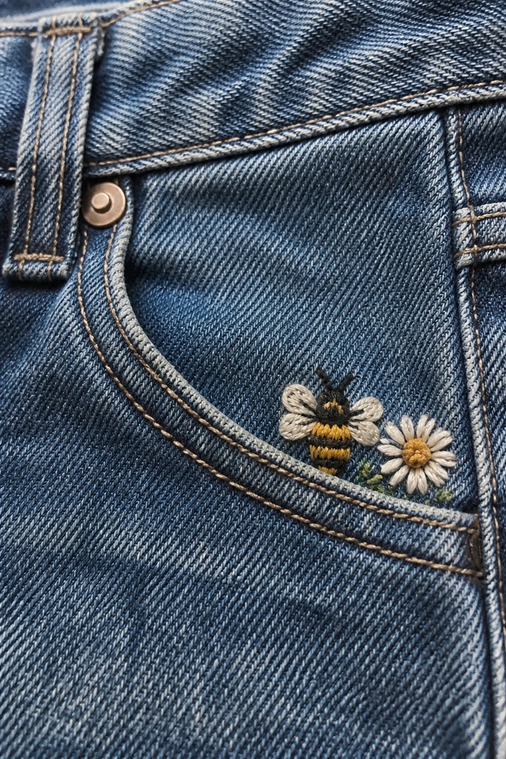 White button-up shirt with one embroidered bee on each collar point.