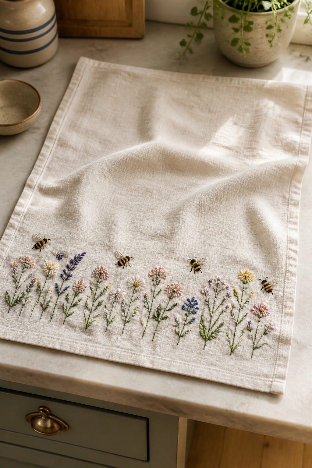 Embroidered beige pillow showing several mushrooms and bees in thread on fabric.