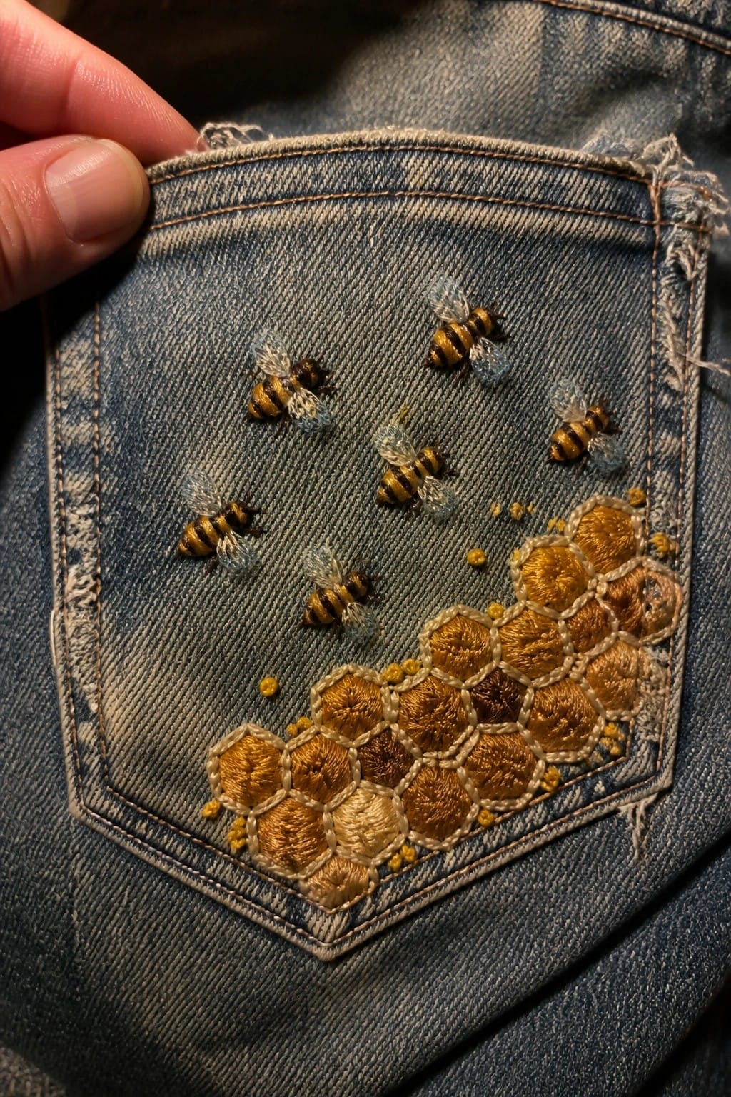 Blue denim pocket embroidered with bees and golden honeycomb design.