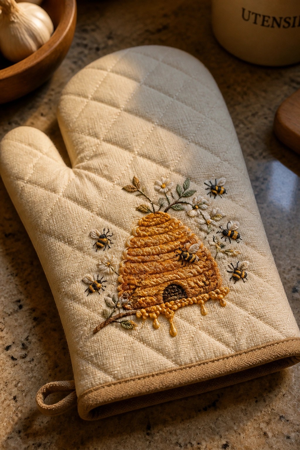 Blue denim jacket cuff with three embroidered bees on white wood in sunlight