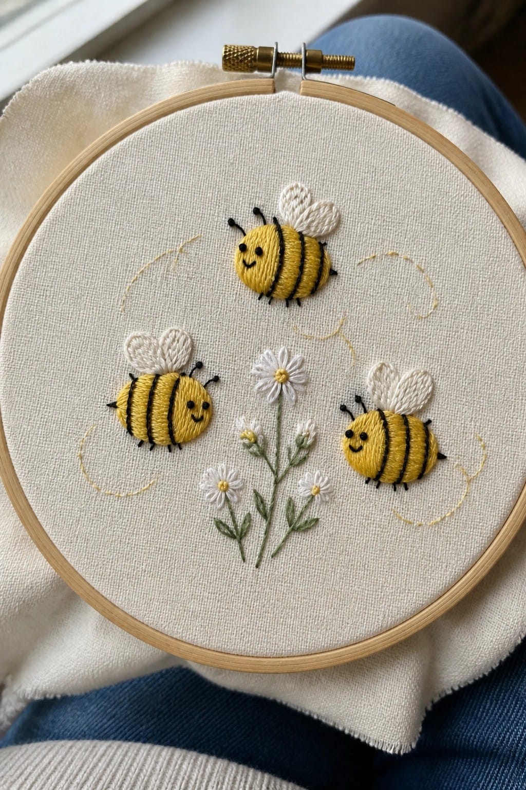 Three embroidered bees connected by a dashed black line above small white daisies in a wooden hoop.