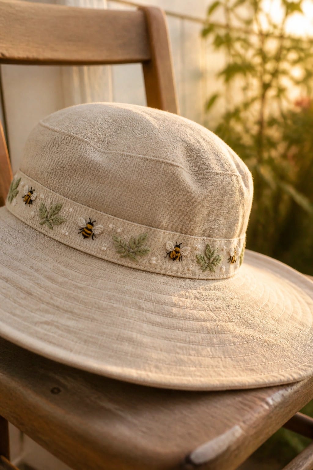 A beige fabric sun hat with embroidered bees and leaves on the band rests on a wooden chair.