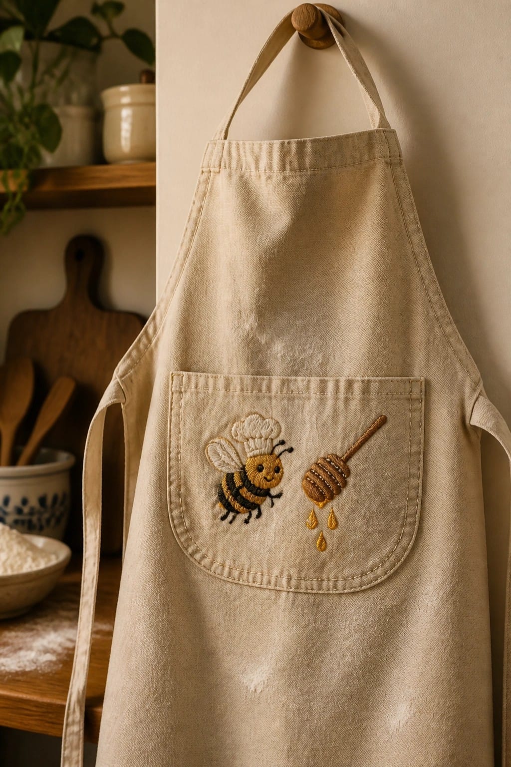 Beige apron with embroidered chef bee and dripping honey dipper on pocket.
