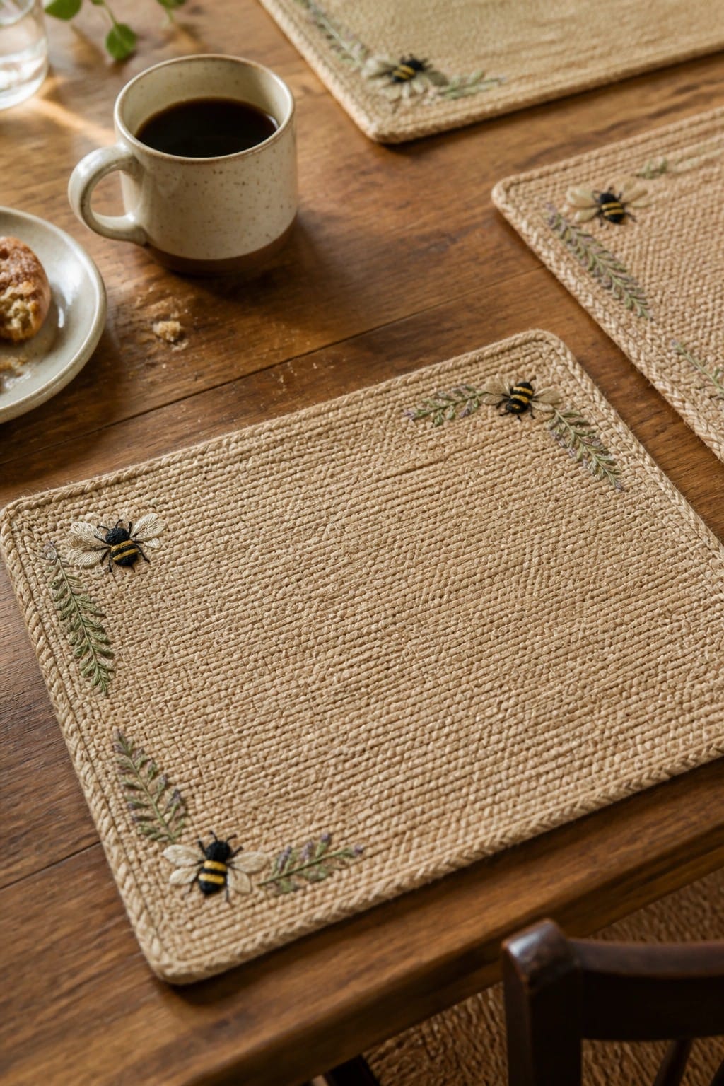 Beige woven placemat with embroidered bees and leaves in the corners on a wooden table.