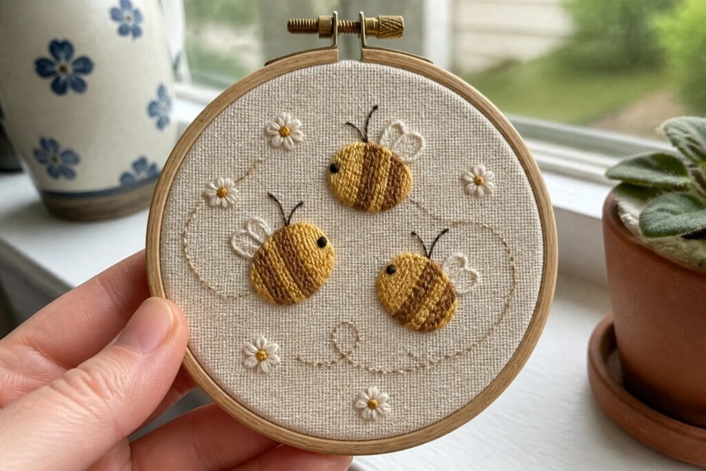 Three embroidered bees with striped bodies and white wings sit among small daisy flowers in a wooden embroidery hoop.
