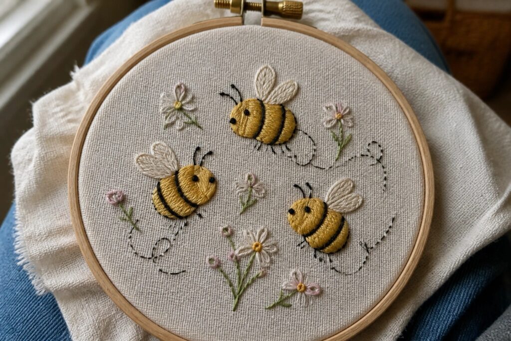 Three embroidered bees connected by a dashed black line above small white daisies in a wooden hoop.