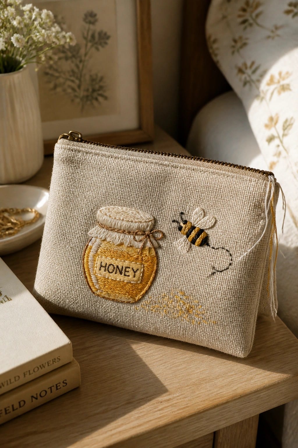 Embroidered beige pouch with honey jar and bee on wooden table beside flowers