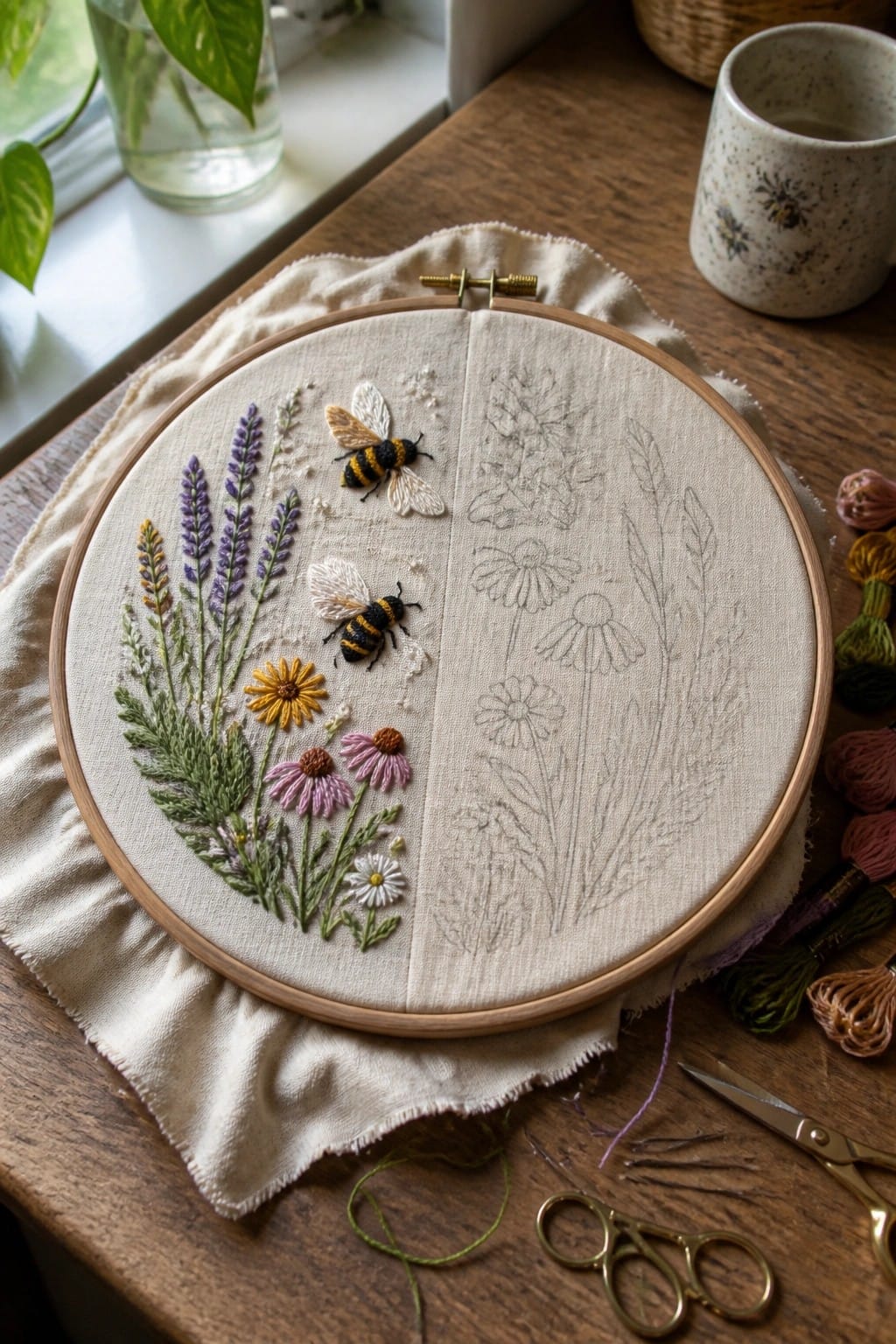 Embroidery hoop with colorful bees, flowers, and sketched outlines on fabric