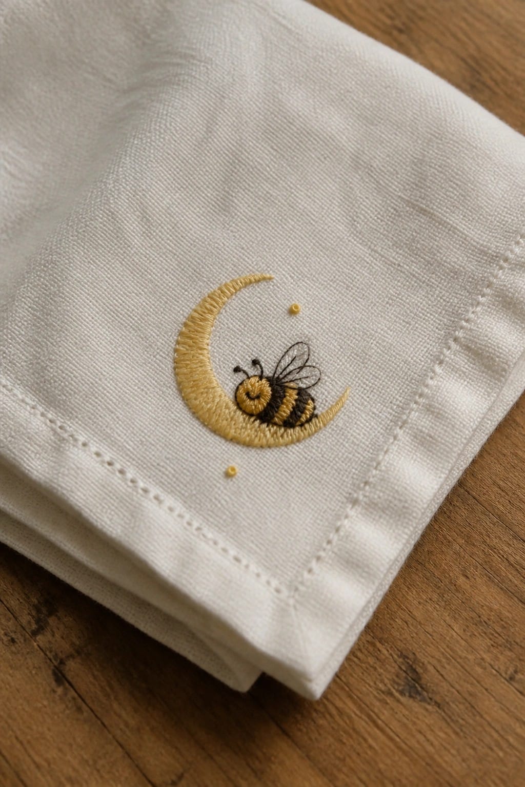 Embroidered bumblebee on dark blue circular patch with stars and yellow border