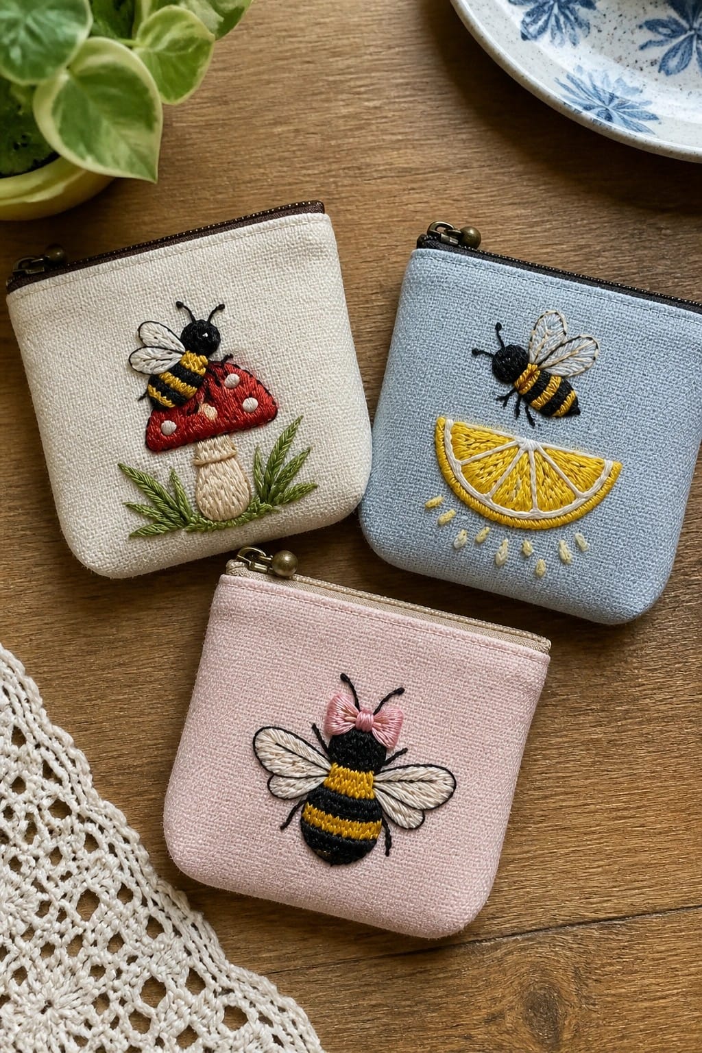 Hand holding embroidery hoop with black-yellow bee, needle and scissors on blue jeans
