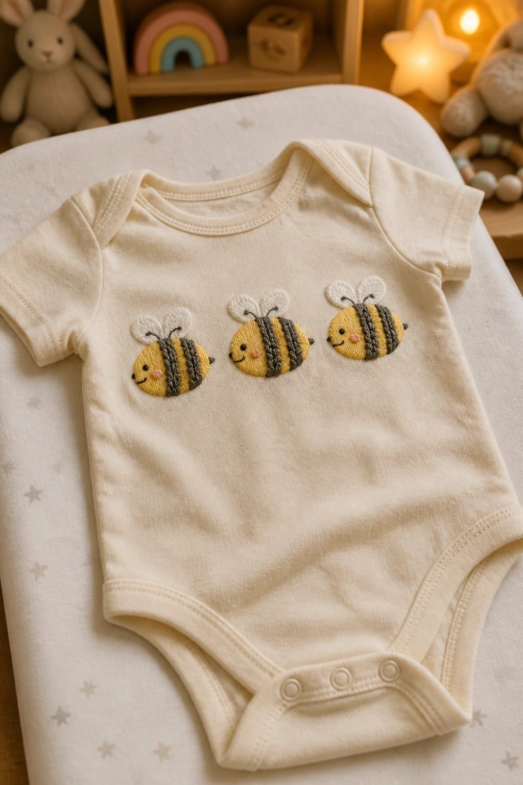 A cream baby onesie with three embroidered bees across the front.