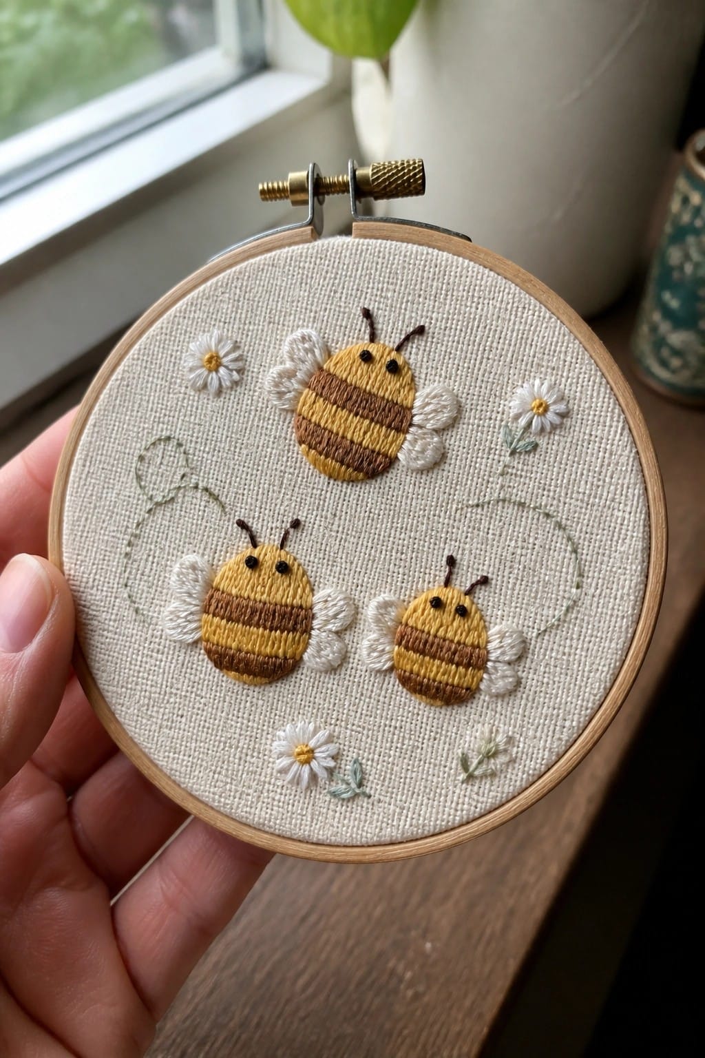 Three embroidered bees with striped bodies and white wings sit among small daisy flowers in a wooden embroidery hoop.