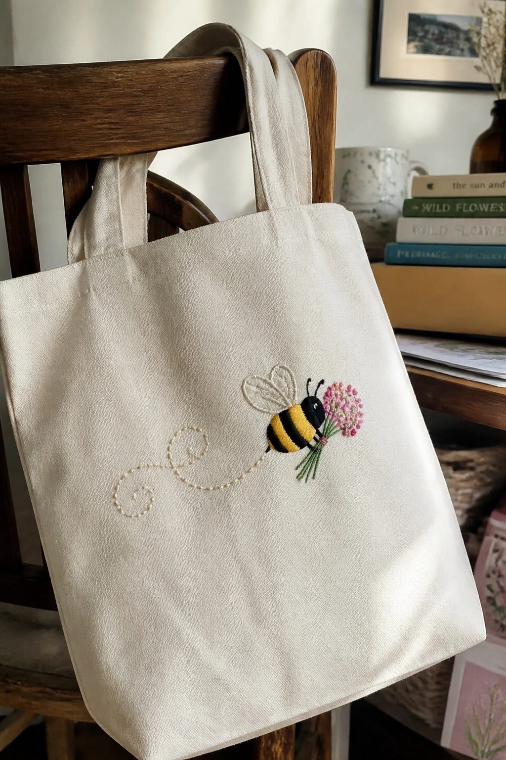 A cream tote bag with embroidered wildflowers and a bee rests on a wooden chair near a window.