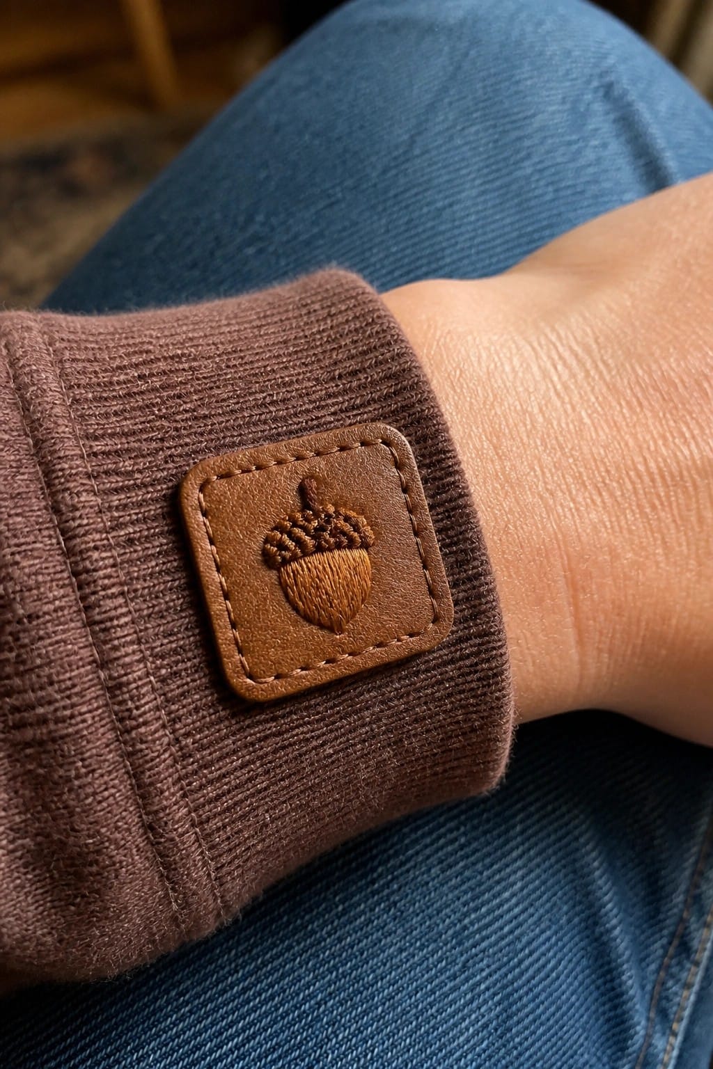 Brown ribbed cuff with stitched leather acorn patch on wrist above blue jeans