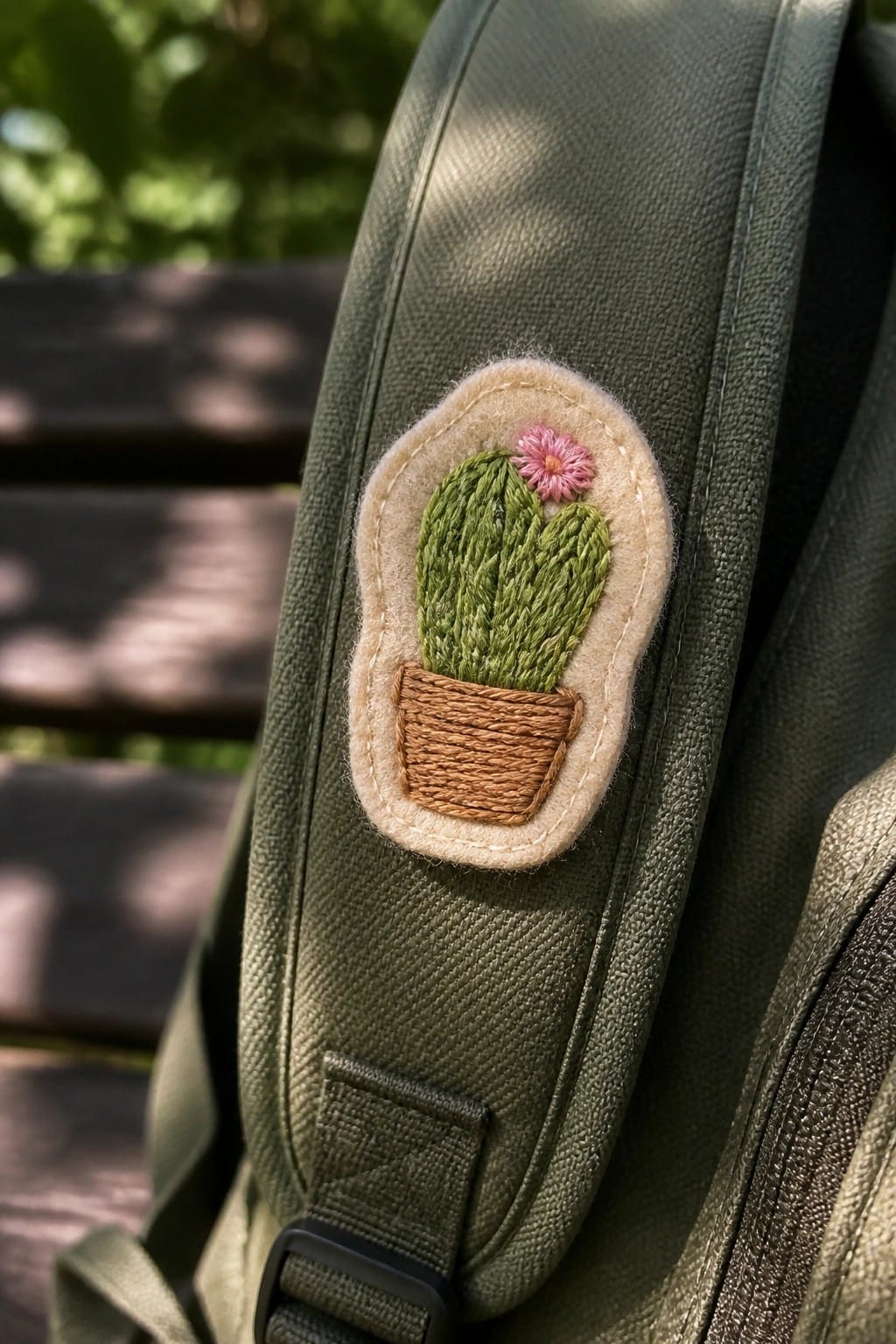 Close-up of a small embroidered cactus in a brown pot with a pink flower on beige felt, stitched onto an olive green backpack strap.