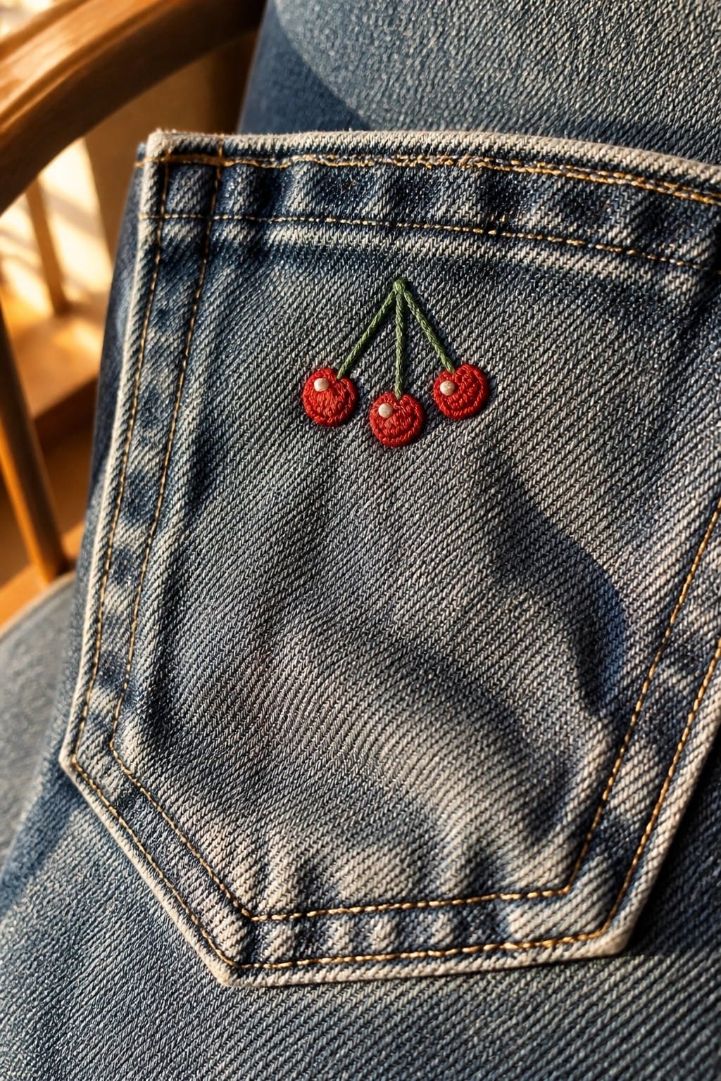 Close-up of blue denim jeans pocket with three red cherries embroidered in a cluster using green stems.