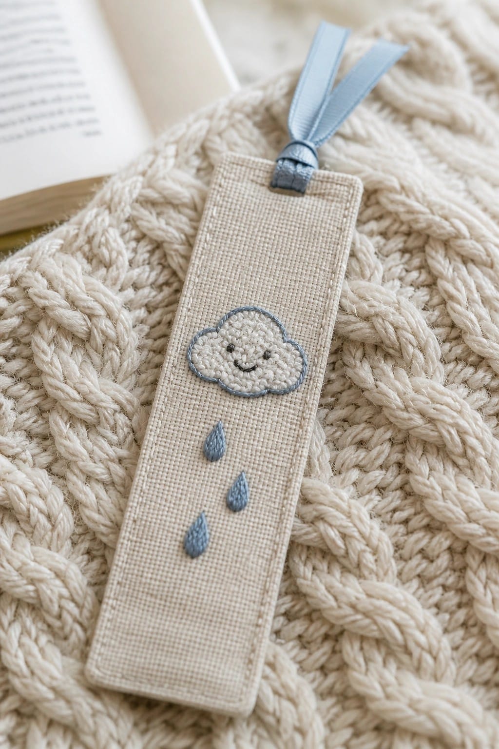 A beige fabric bookmark with a smiling embroidered cloud and three blue raindrops, finished with a light blue ribbon at the top.