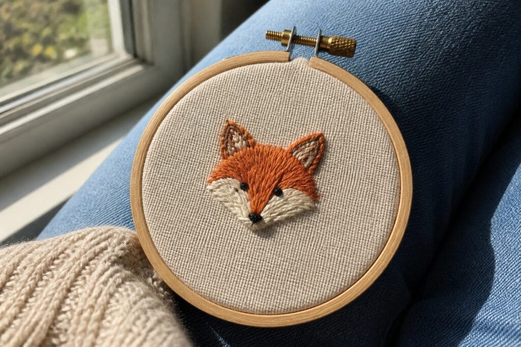 20 Simple Cute Embroidery Ideas for Small Hoops and Scrap Fabric Wooden hoop with embroidered orange fox face resting on blue denim jeans