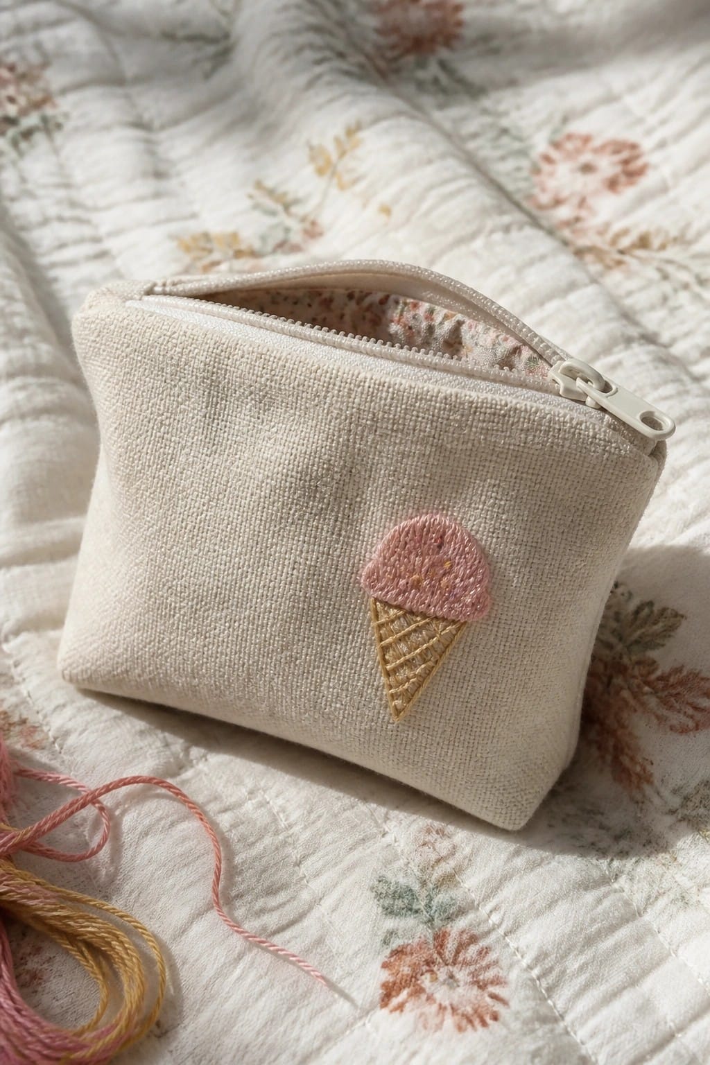 A small off-white zippered pouch with an embroidered pink ice cream cone sits on floral quilted fabric next to strands of embroidery thread.