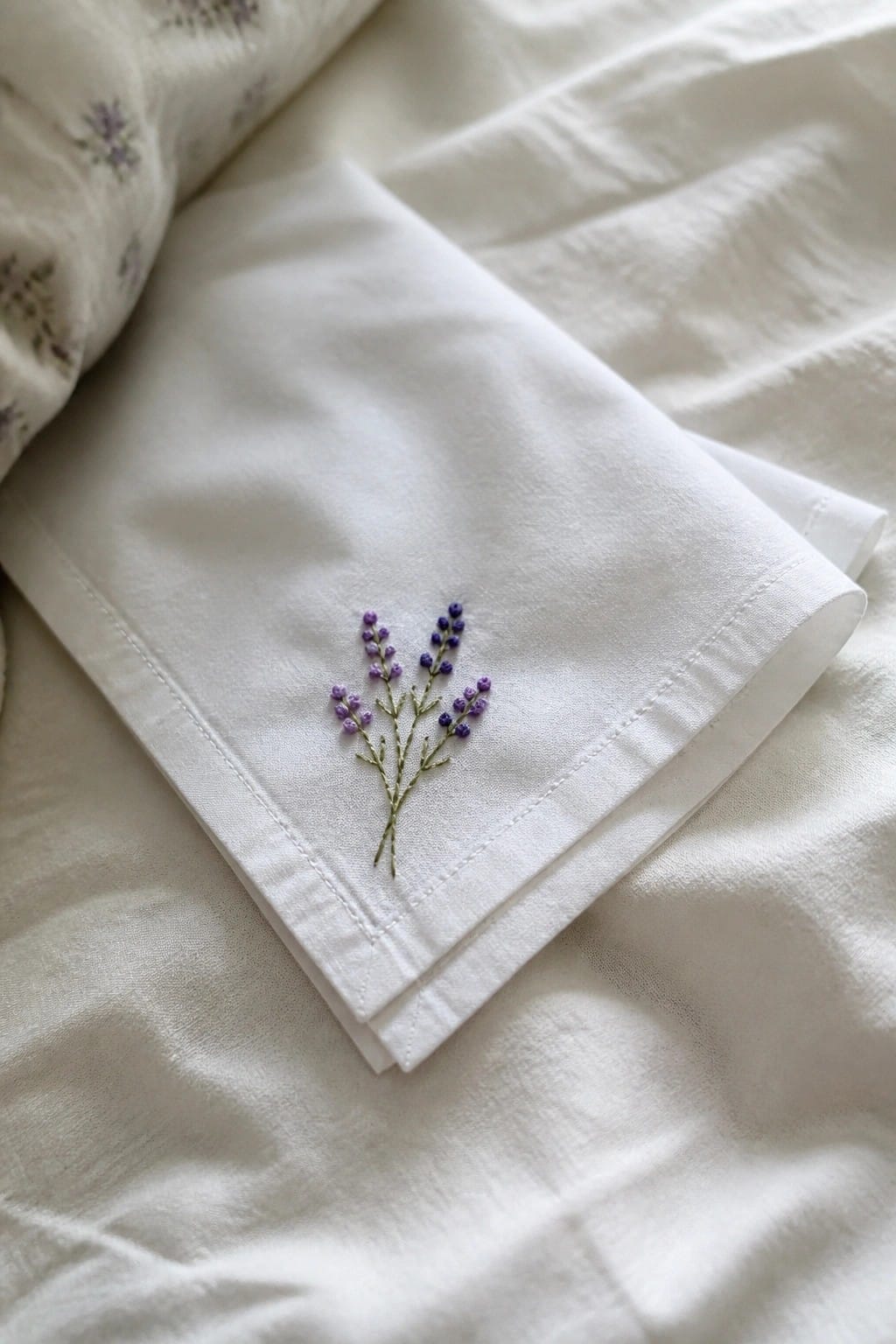 White napkin embroidered with purple lavender sprigs on wrinkled fabric