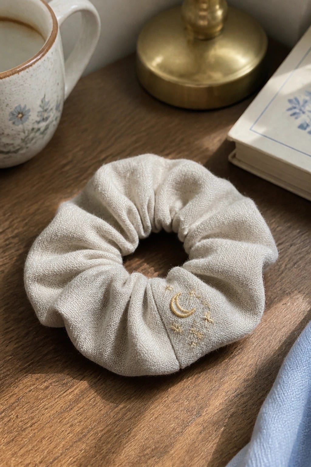 A beige fabric scrunchie with a small gold embroidered crescent moon and stars on a wooden table.