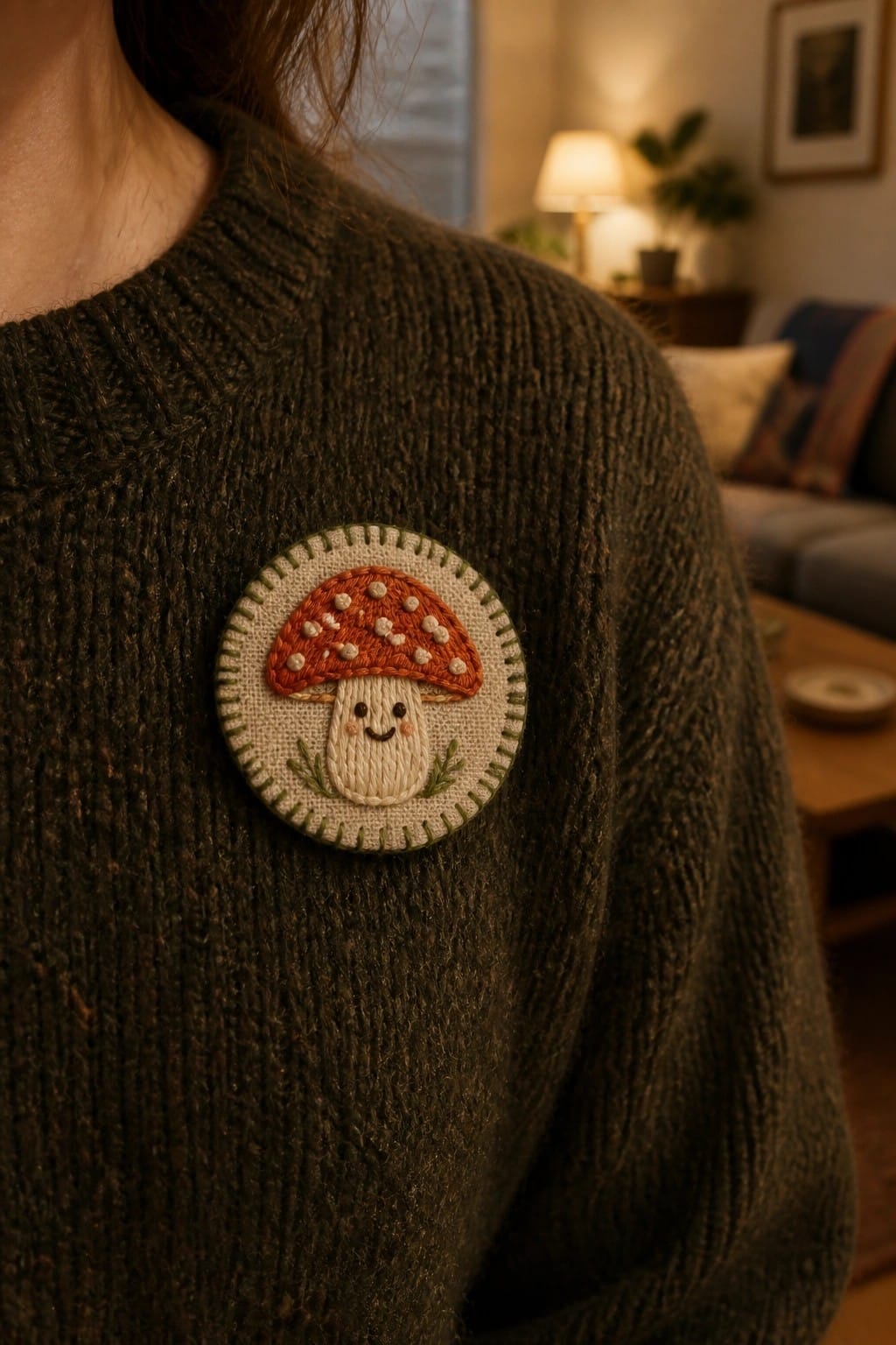 A close-up of a smiling mushroom embroidery patch sewn onto a dark green knitted sweater.