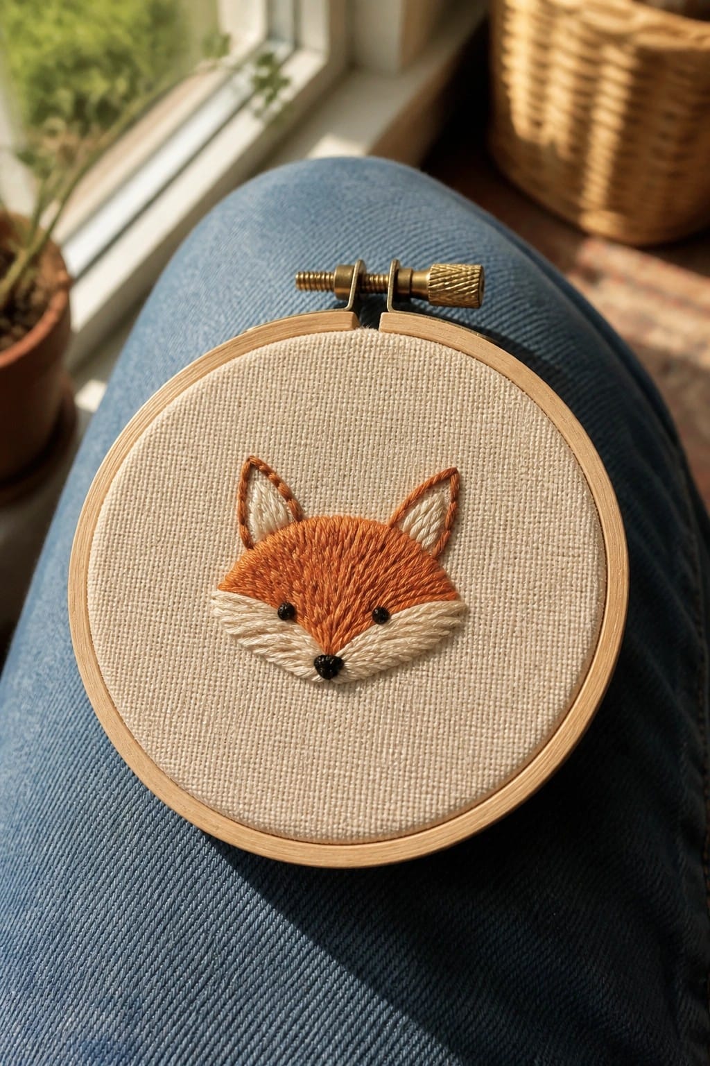 Wooden hoop with embroidered orange fox face resting on blue denim jeans
