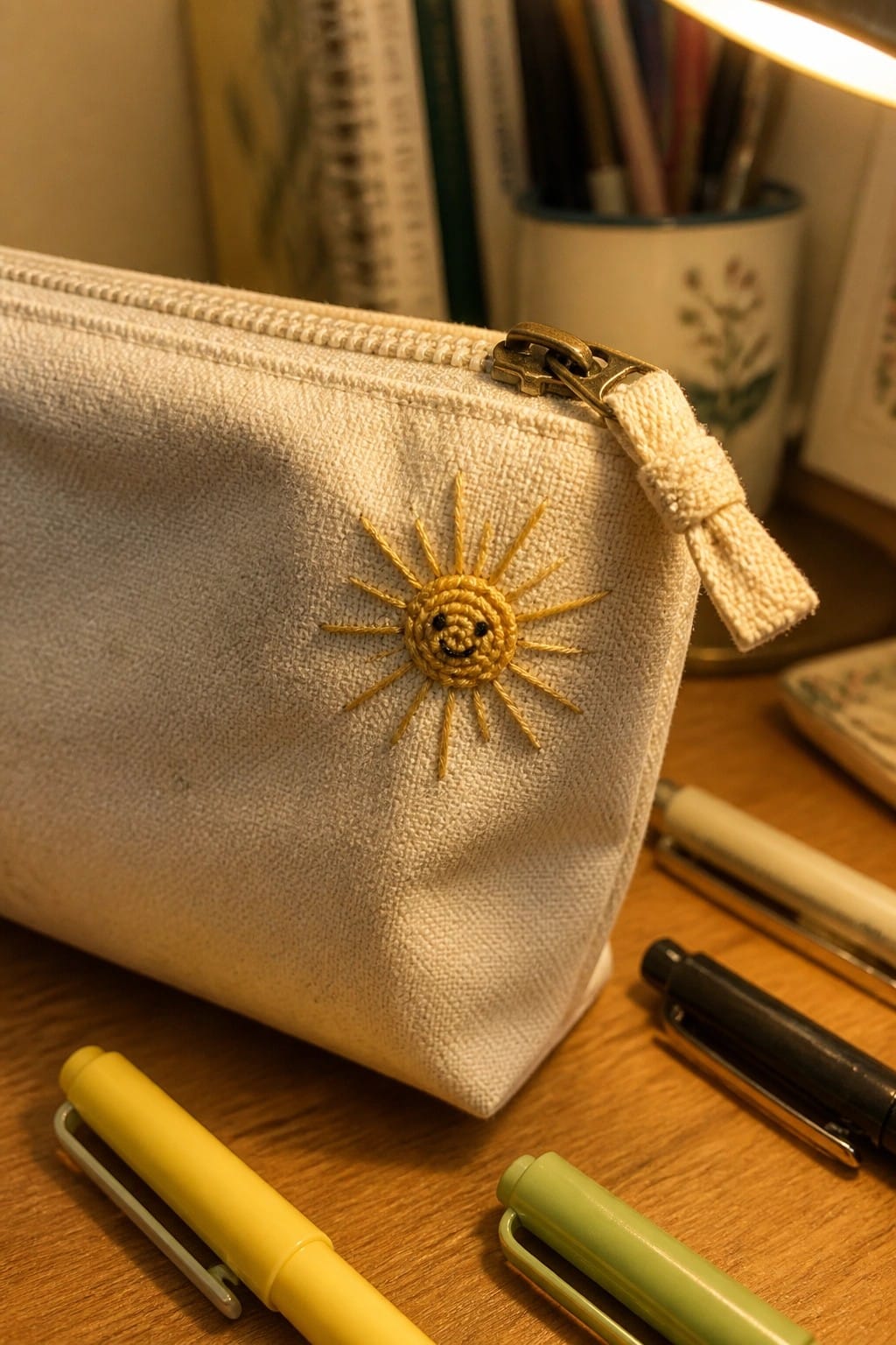 A yellow embroidered smiling sun on a white fabric pouch next to pens and a lamp.