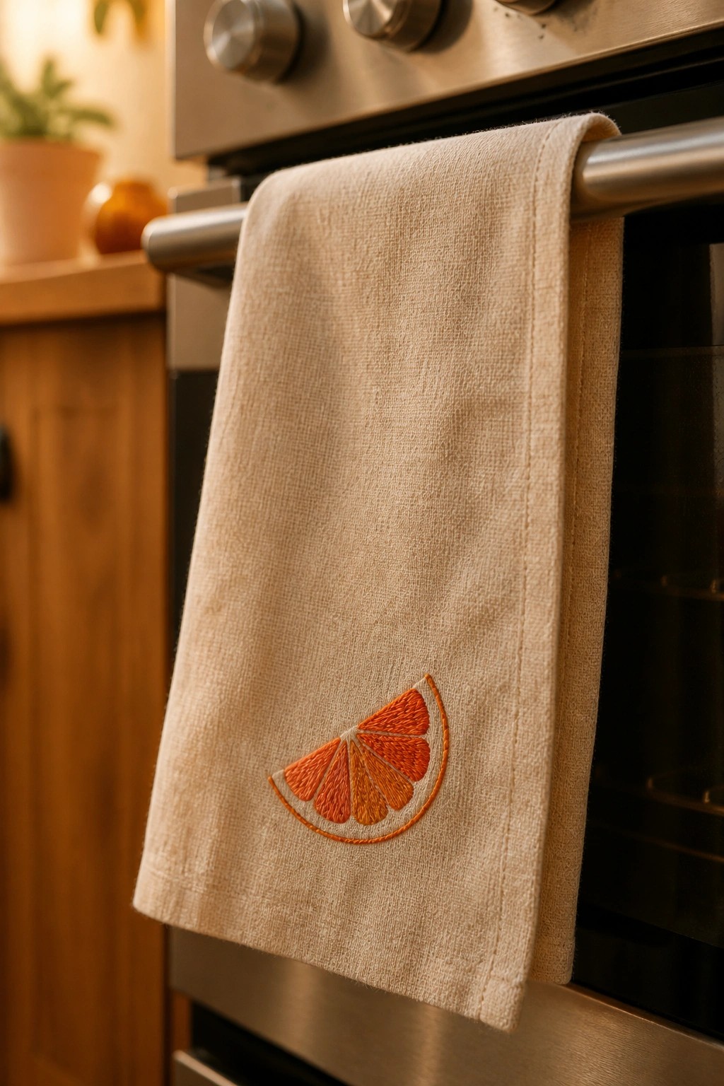 Beige towel with embroidered orange slice hanging on stainless steel oven handle.