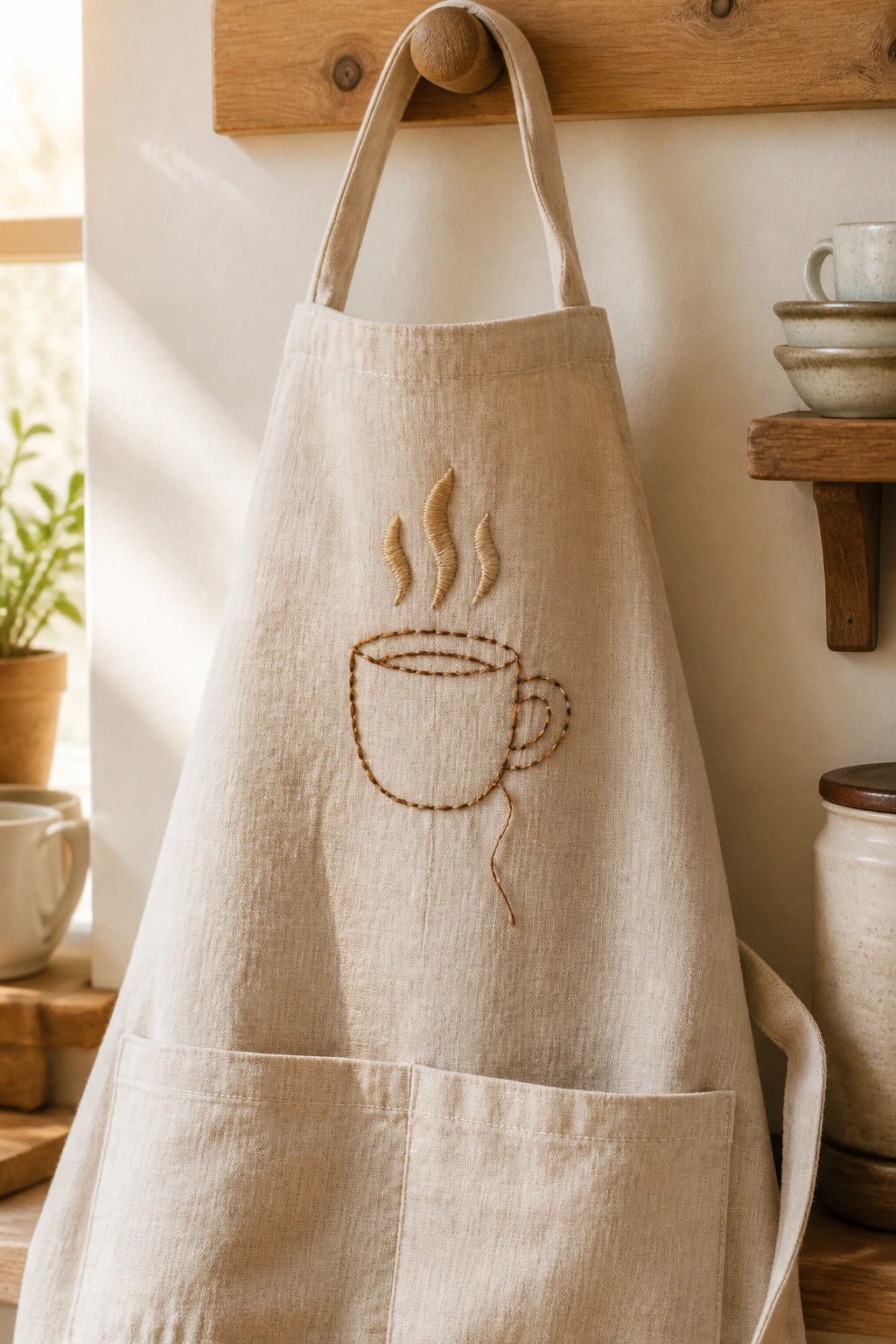 A beige apron with a brown embroidered coffee cup and steam lines hangs from a wooden peg.