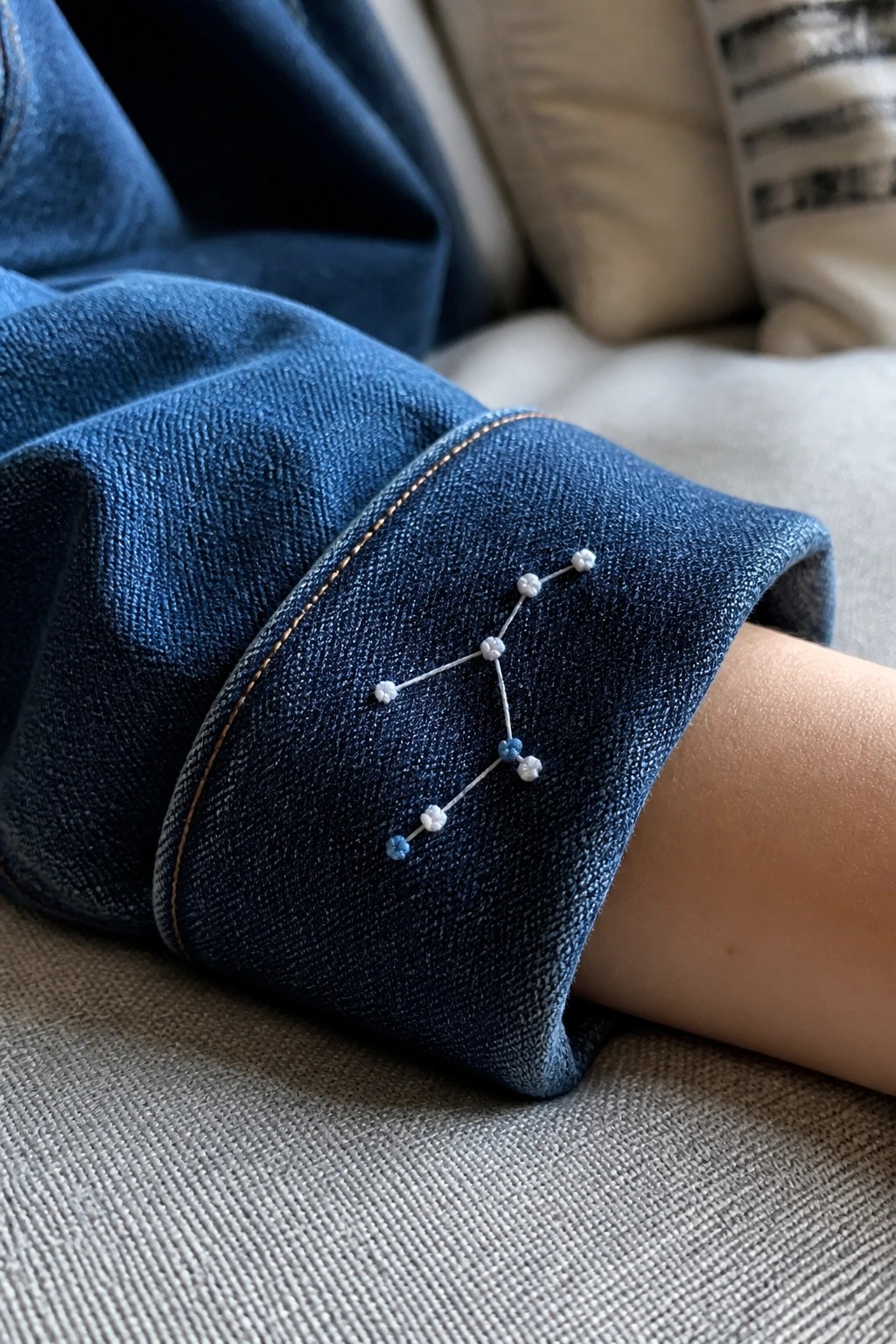 Close-up of blue denim cuff with a constellation of white and blue stitched dots connected by lines.
