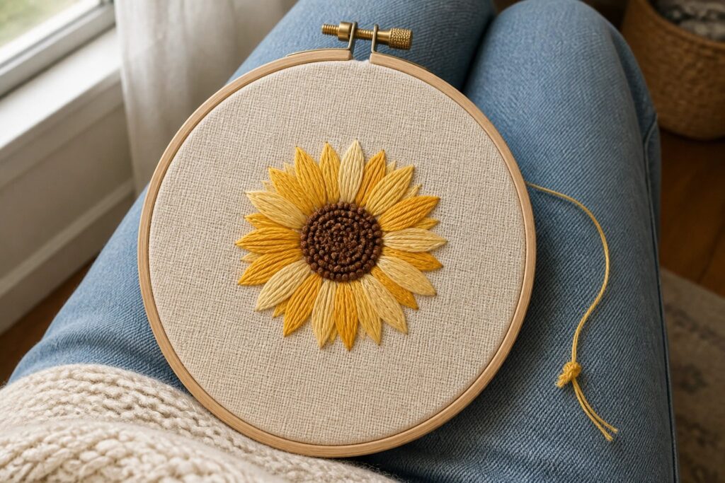 20 Simple Embroidery Ideas for Quick Weekend Craft Projects A yellow and orange sunflower embroidery with a brown center sits in a wooden hoop on beige fabric.