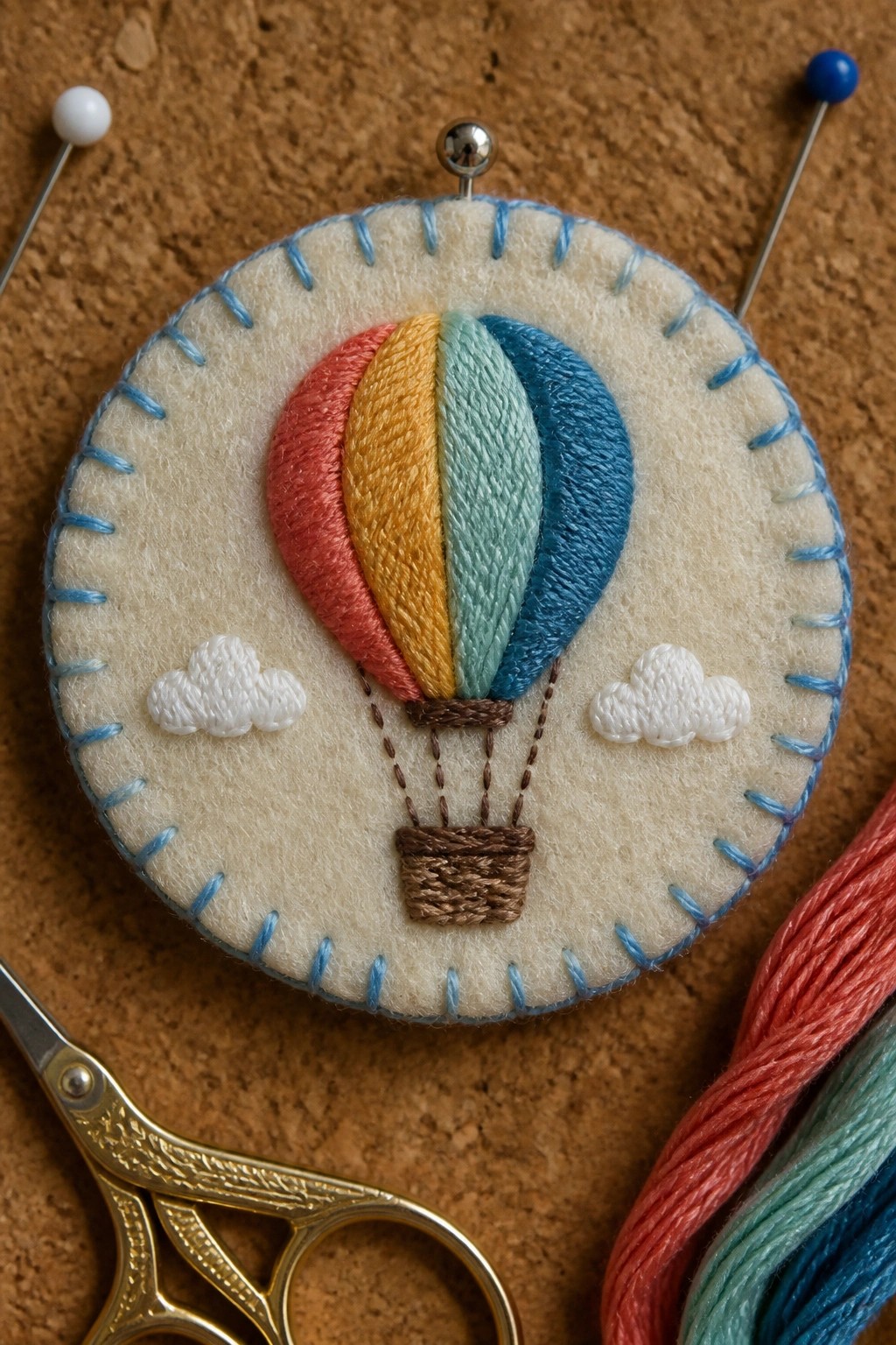 A colorful hot air balloon embroidered on circular felt with white clouds, brown basket, and blue edge stitching, next to scissors and thread.