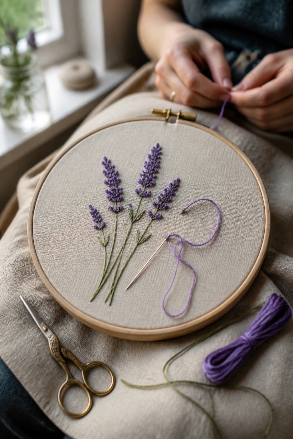 Embroidery hoop with lavender stems stitched in purple and green thread on beige fabric, surrounded by scissors and loose thread on a lap.