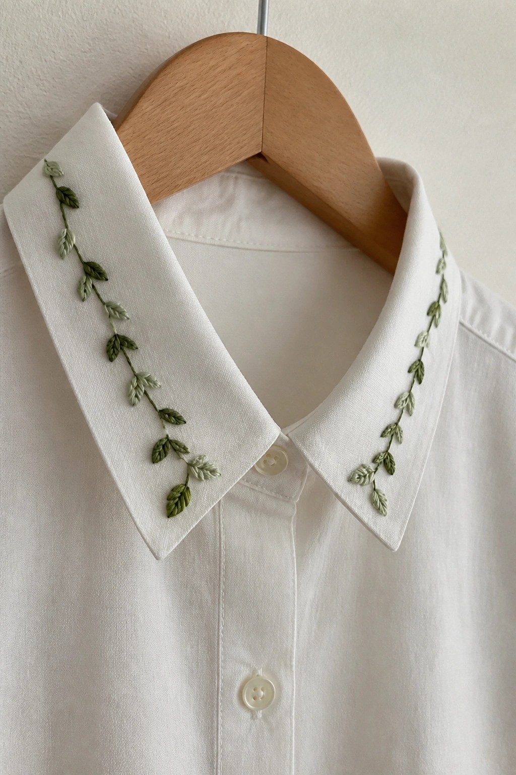 White collared shirt with green leaf embroidery on wooden hanger.