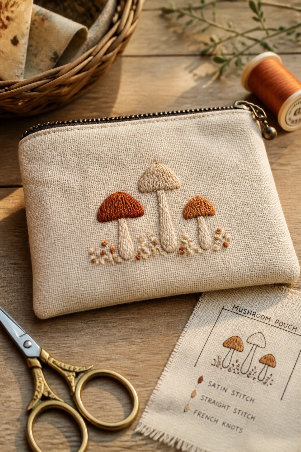 Embroidered mushroom pouch with scissors, thread, and pattern on wooden table.