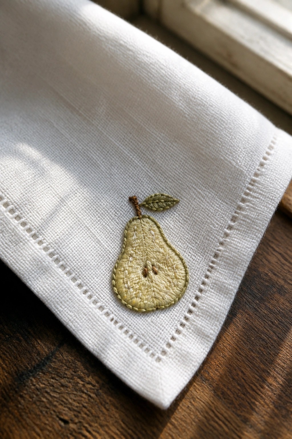 White linen napkin with green embroidered pear and hemstitched border on wood.