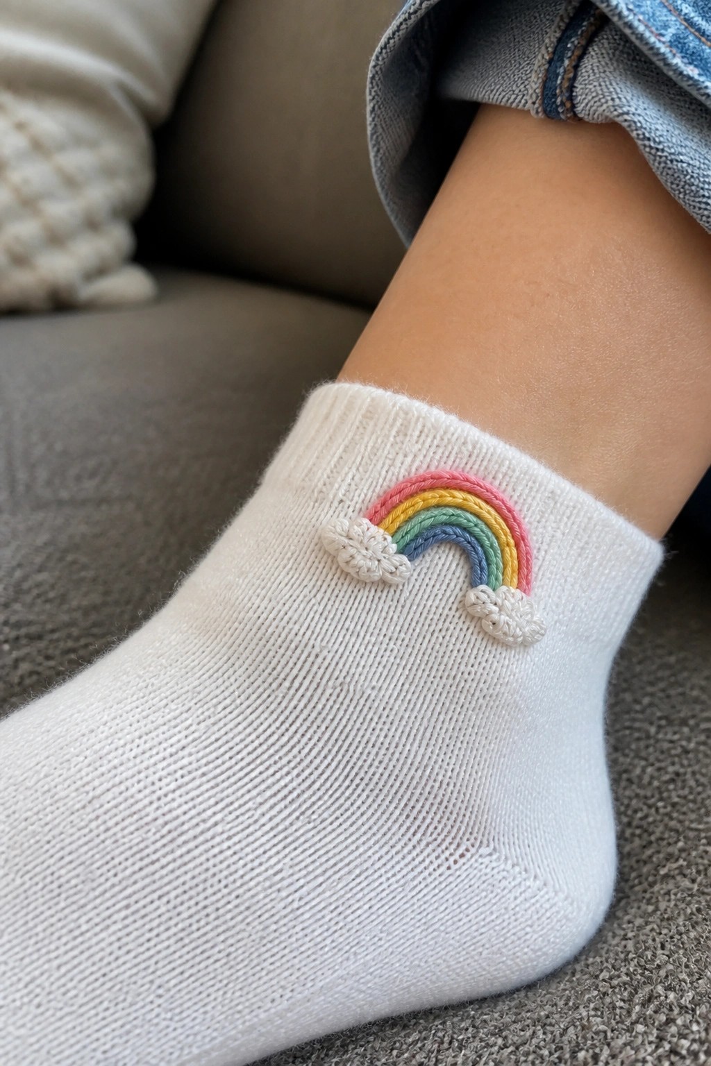 A white ankle sock with a multicolored rainbow embroidery and white cloud details on the side.