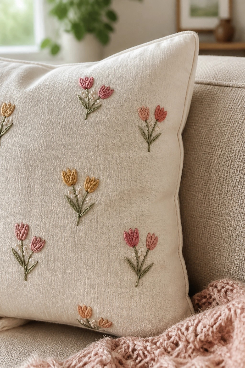 Cream pillow with pink and yellow embroidered tulips on beige couch