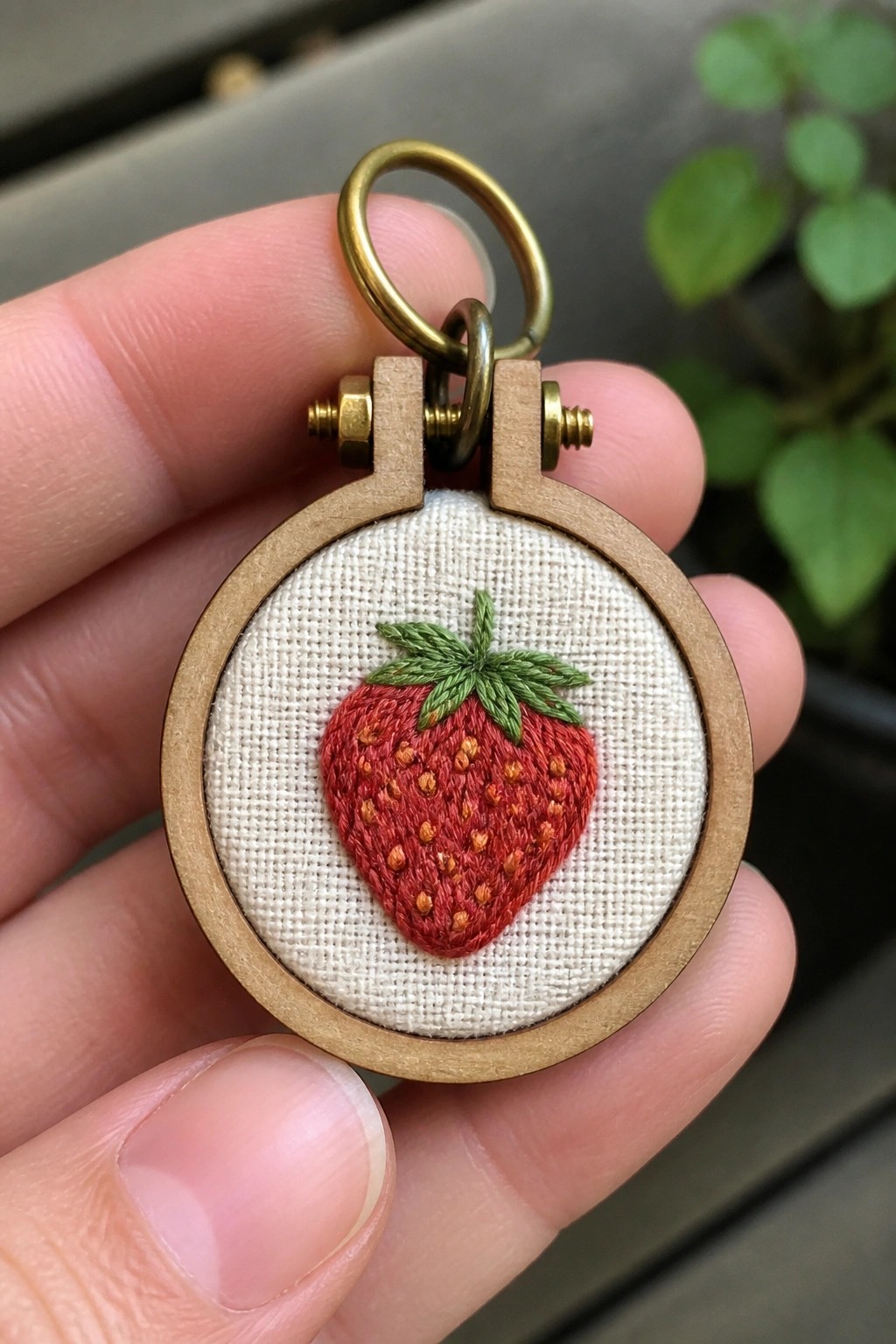 Hand holding miniature wooden hoop with embroidered red strawberry on fabric