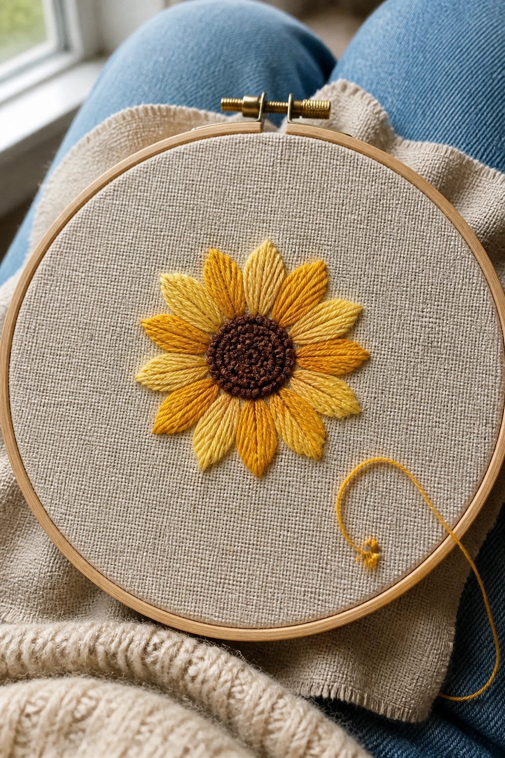 A yellow and orange sunflower embroidery with a brown center sits in a wooden hoop on beige fabric.