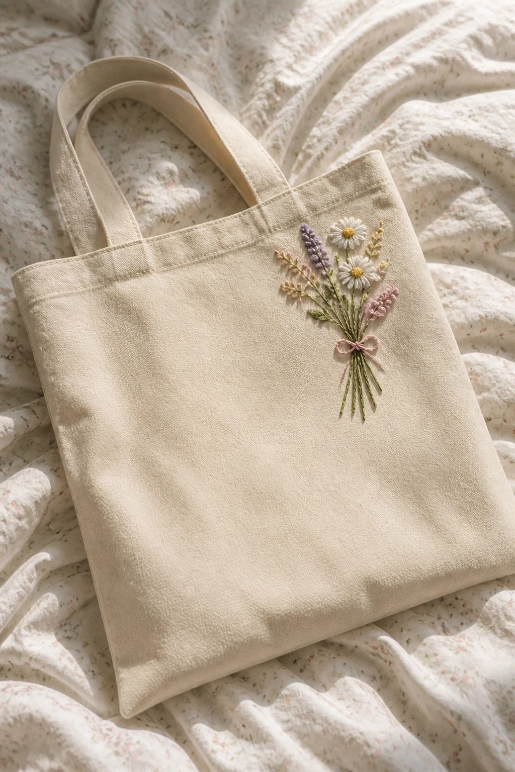 Beige canvas tote bag with embroidered wildflower bouquet and pink bow on floral fabric
