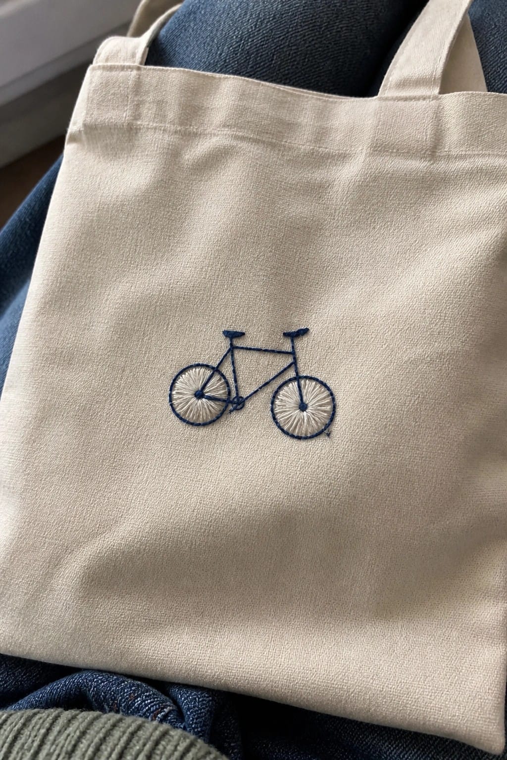 Beige tote bag with blue embroidered bicycle on denim lap
